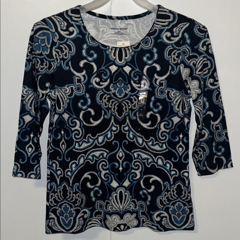Rebecca Malone Boho T-Shirt 3/4 Length Sleeve Tee Women’s M Medium Blue Print